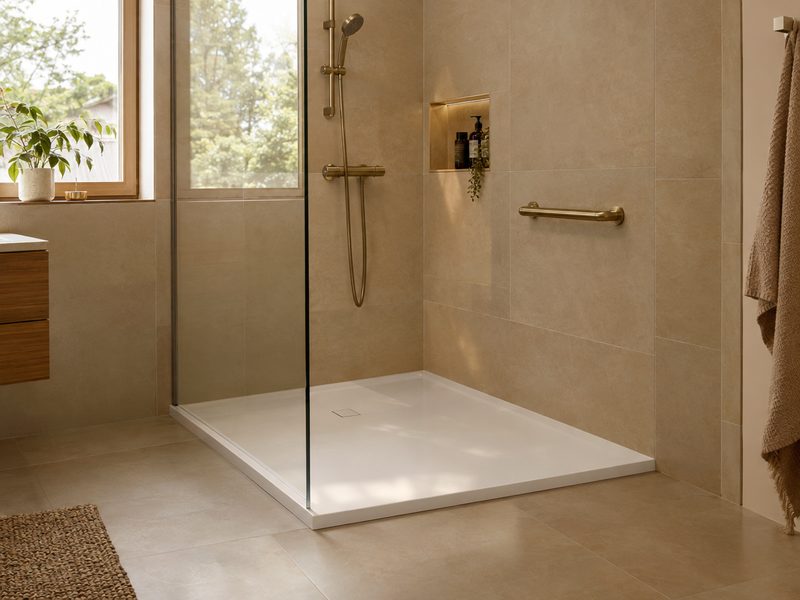 Visualisierung: barrierearme Dusche mit flacher Duschtasse, Glaswand und Messing-Haltegriff