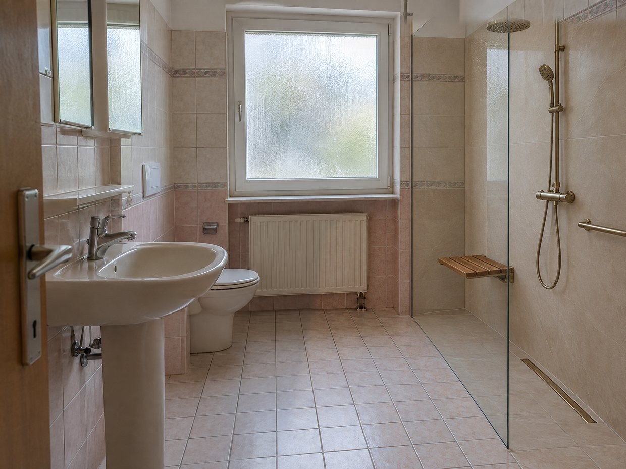 Visualisierung: Bad nach der Sanierung mit bodengleicher Dusche, Glaswand und Messing-Armaturen