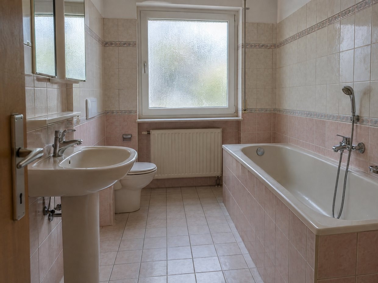 Visualisierung: dasselbe Bad vor der Sanierung mit hoher Badewanne und 90er-Jahre-Fliesen