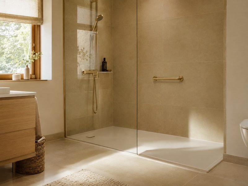 Visualisierung: flache Dusche mit Glaswand und Haltegriff